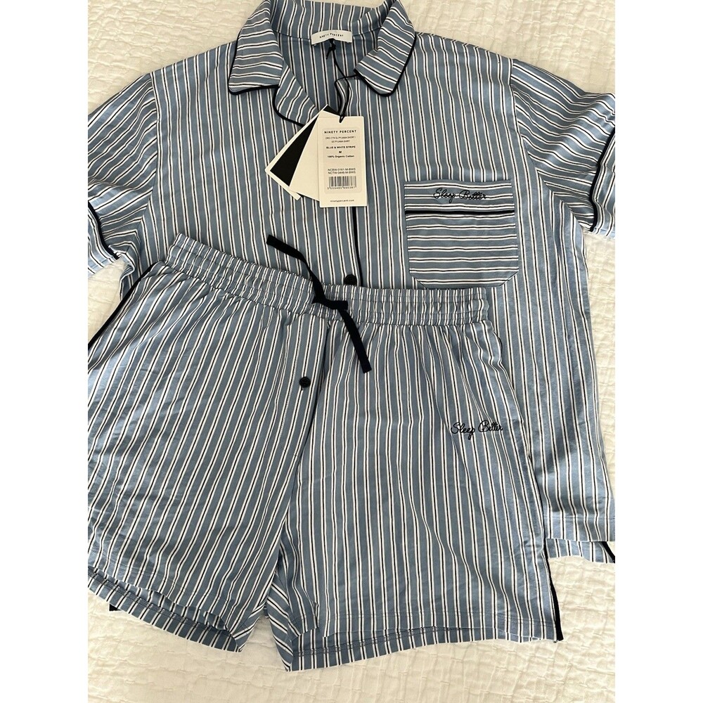 NWT Ninety Percent Pajama Set Shorts Blue & White Stripe Organic Cotton Medium